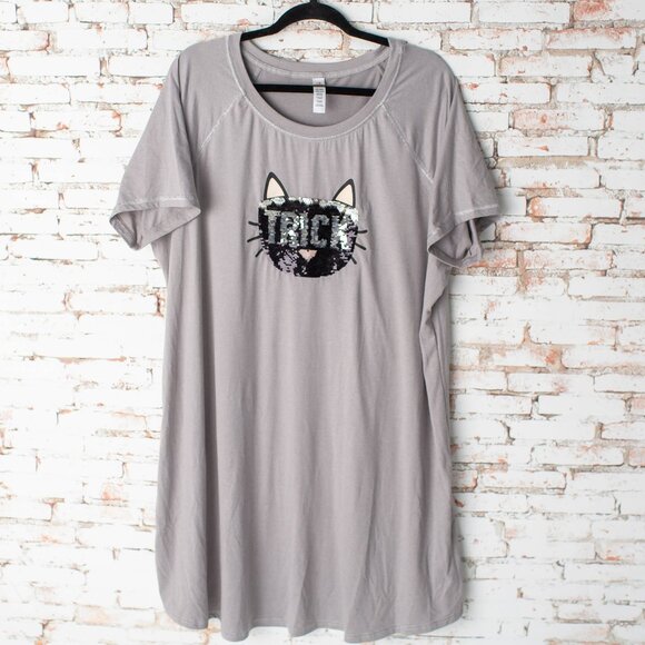 Celebrate Halloween Women’s Nightgown 2XL/3XL Gray Cat Sequin “Trick" Shirt - Picture 1 of 6